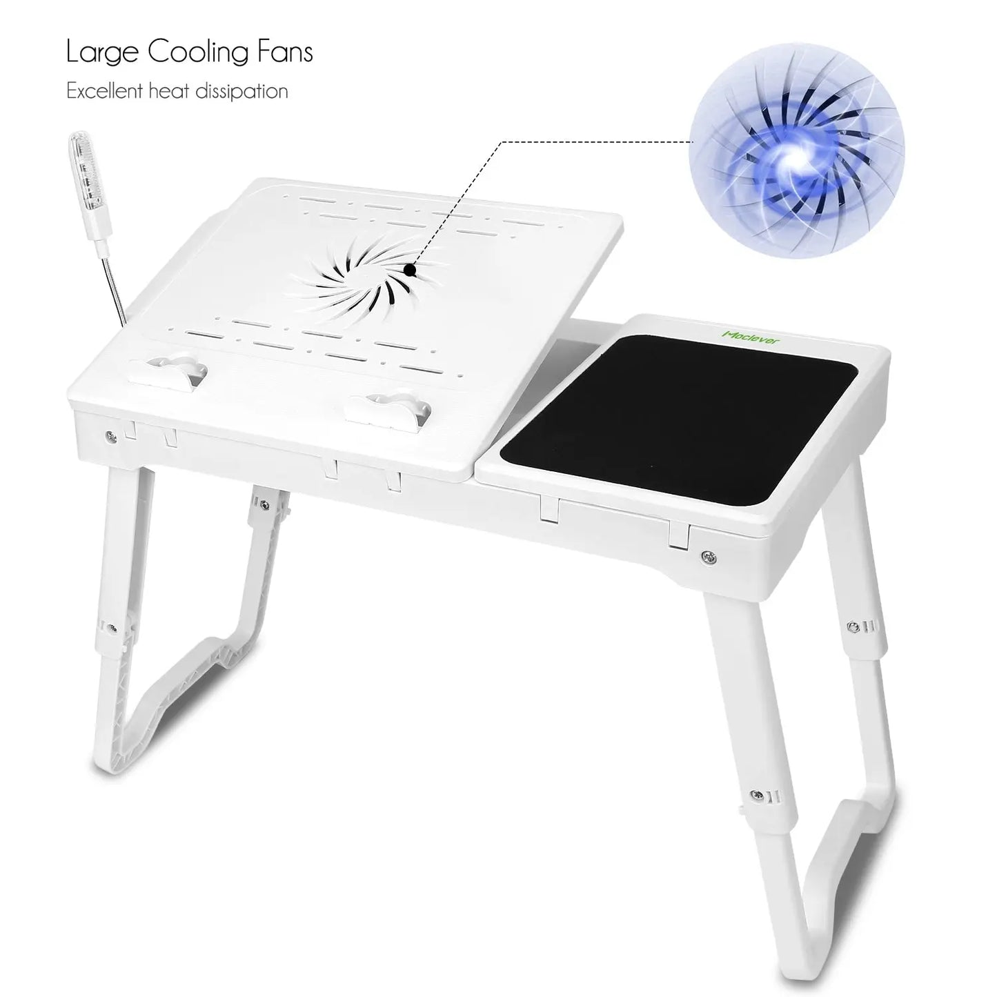 1Pc Foldable Laptop Table Bed Notebook Desk with Cooling Fan Mouse Board LED Light 4 USB Ports Breakfast Snacking Tray with Storage Groove for Home Office Use