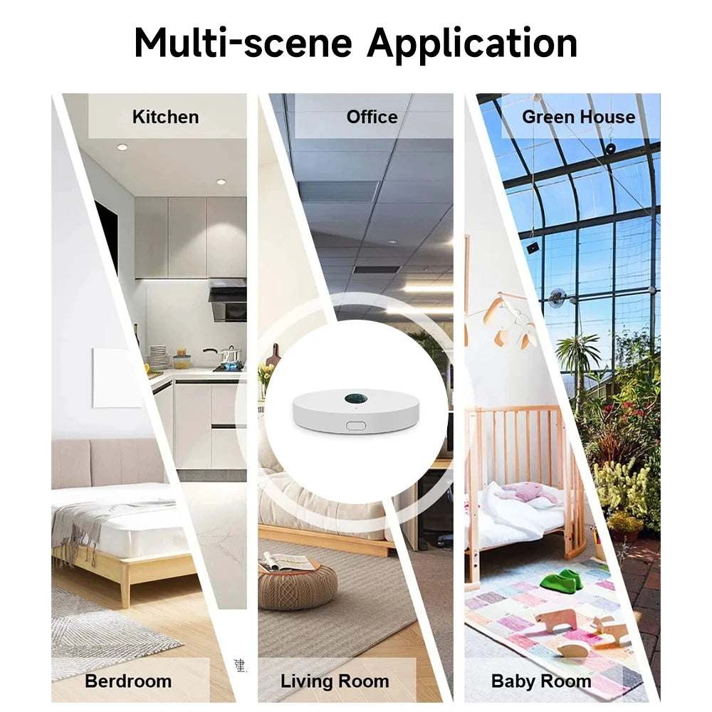 Tuya Wifi Light Sensor for smart home automation with multi-scene use in kitchen, office, greenhouse, bedroom, living room, and baby room