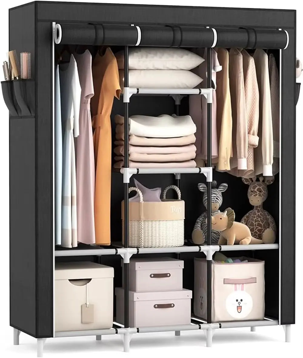 Portable Closet Large Wardrobe Closet Clothes Organizer with 6 Storage Shelves, 2 Hanging Sections 4 Side Pockets
