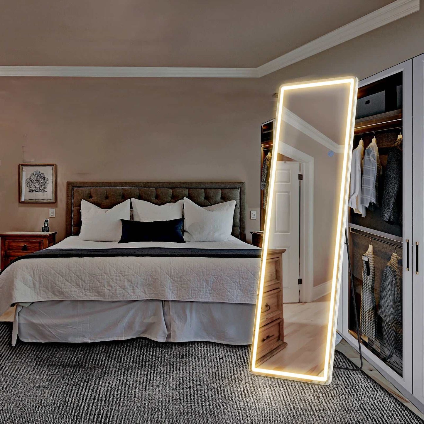 LED 64x21 full length mirror with aluminum alloy frame and LED lighting in bedroom setting