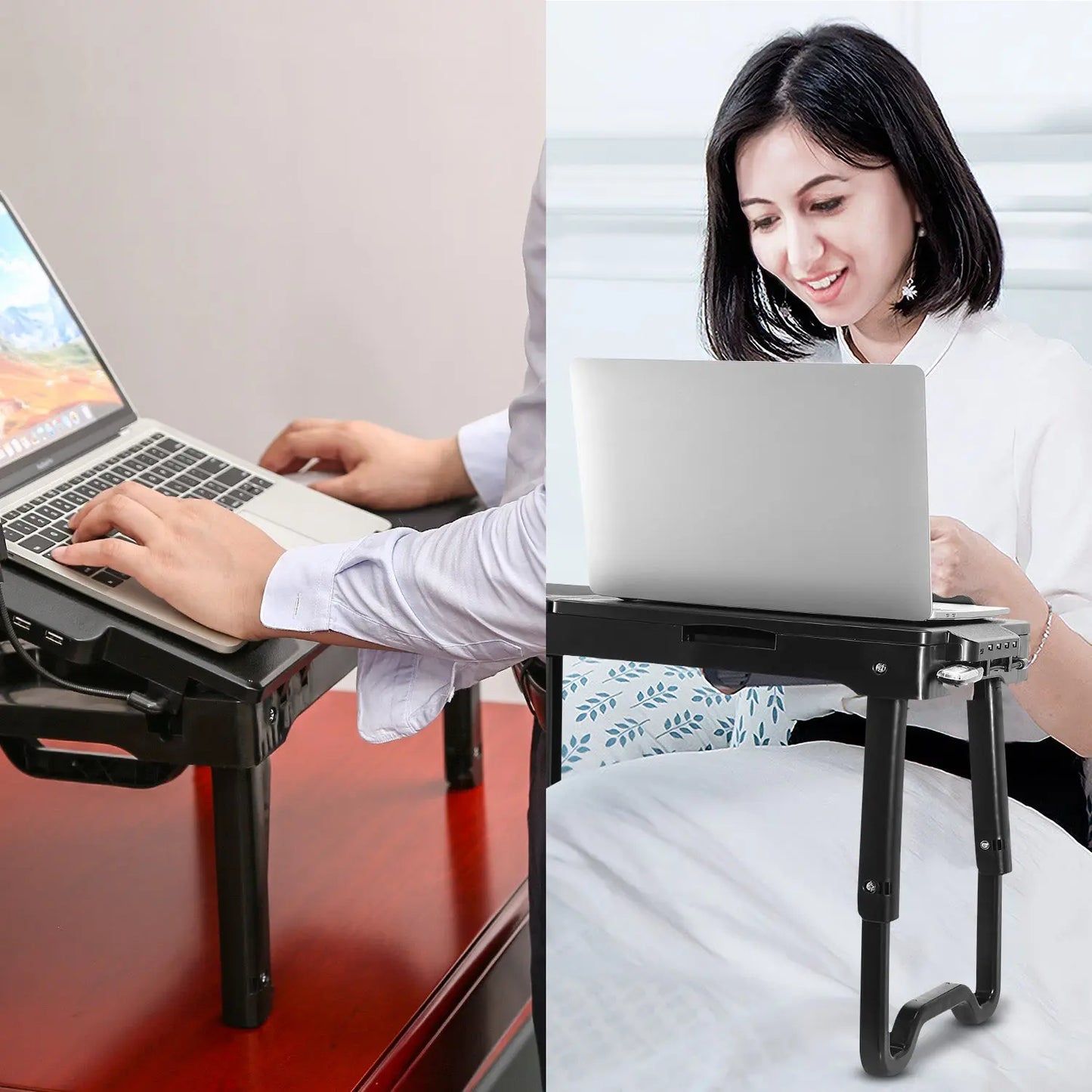 1Pc Foldable Laptop Table Bed Notebook Desk with Cooling Fan Mouse Board LED Light 4 USB Ports Breakfast Snacking Tray with Storage Groove for Home Office Use