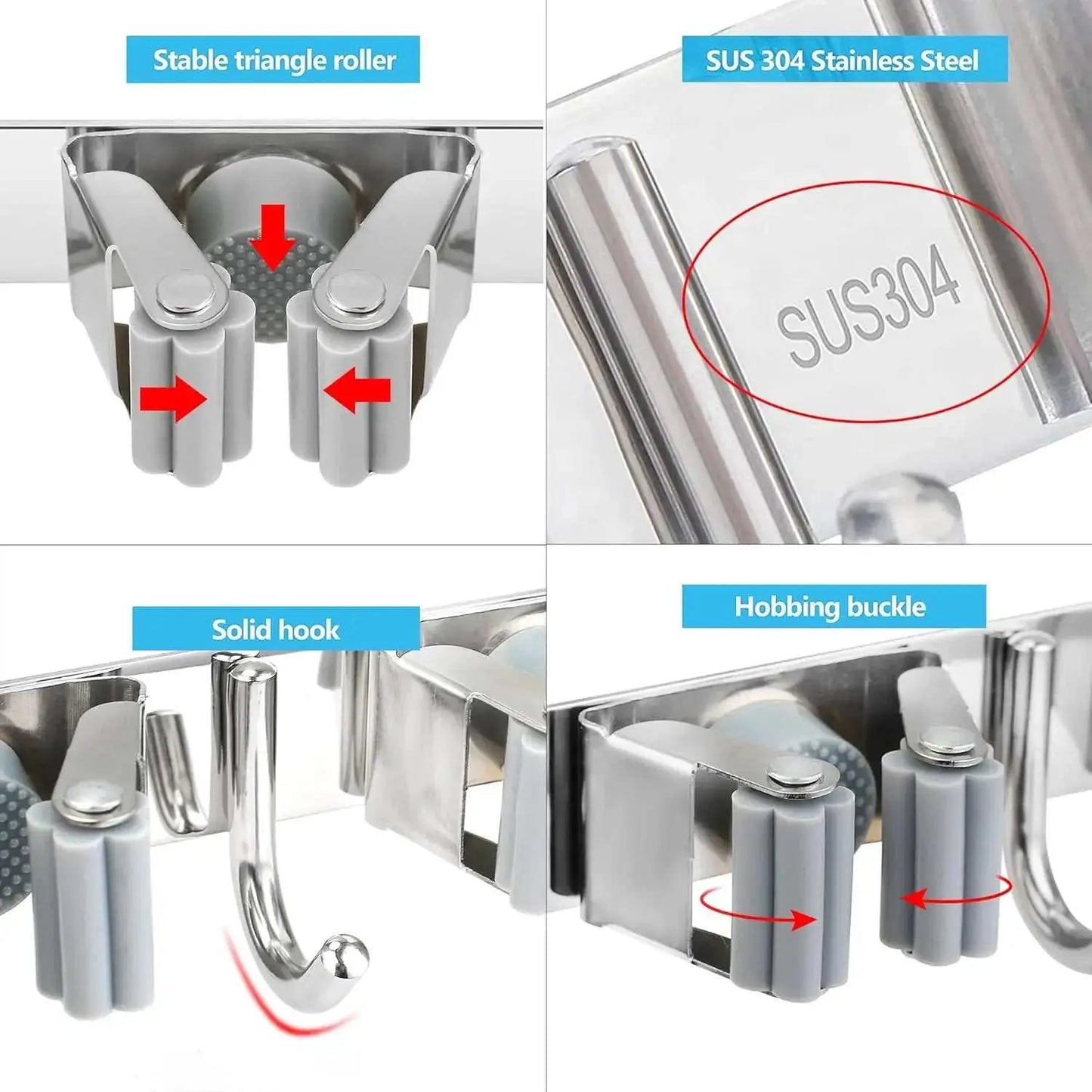 Stainless steel broom holder wall mount with five racks and four hooks for heavy duty storage and organization.