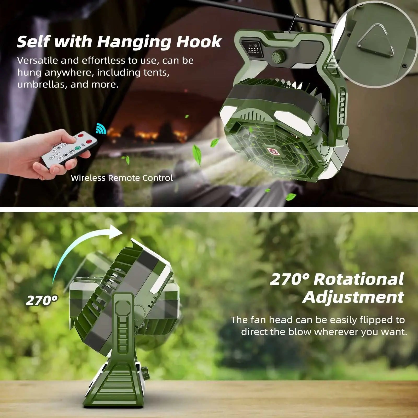 Portable camping fan with 20000mAh rechargeable battery, LED lantern, dual fan blades, 270° rotatable head, hanging hook, and wireless remote control.