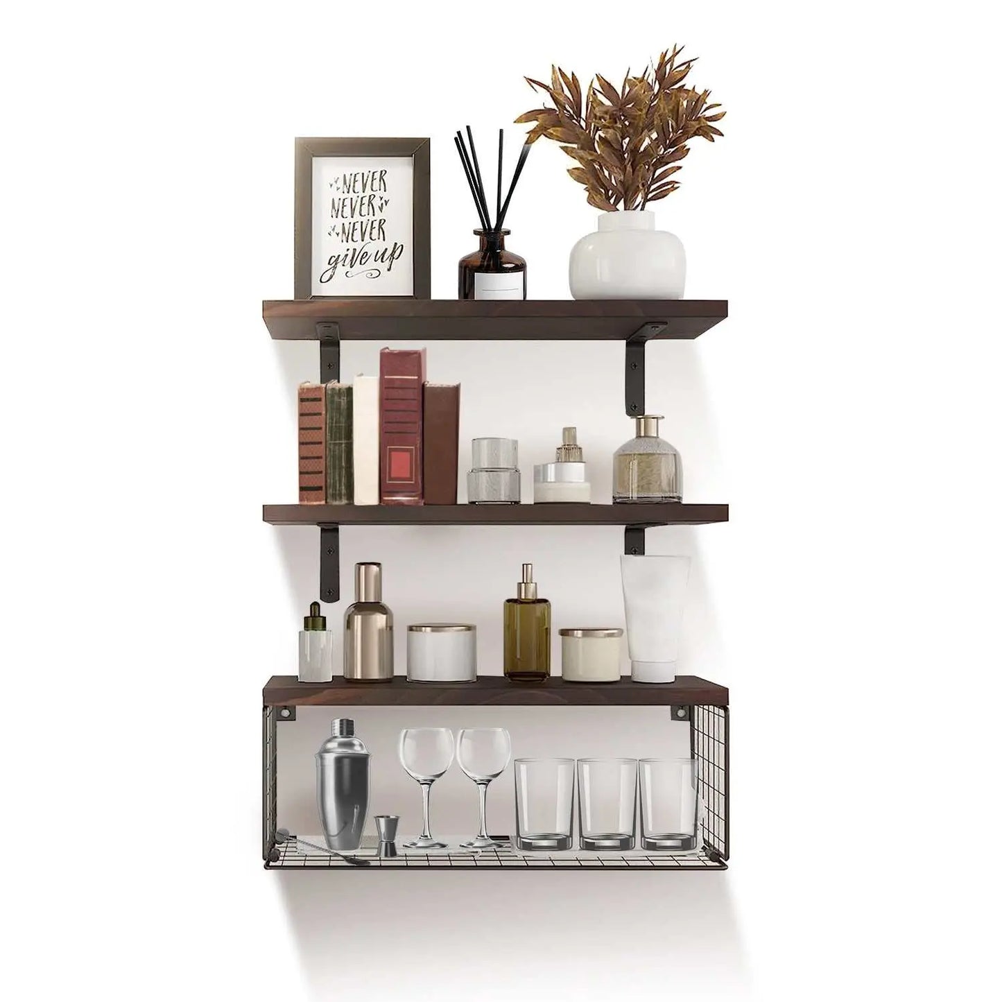 Rustic floating shelves with storage basket wall-mounted, made of brown paulownia wood and iron, for home decor and organization.