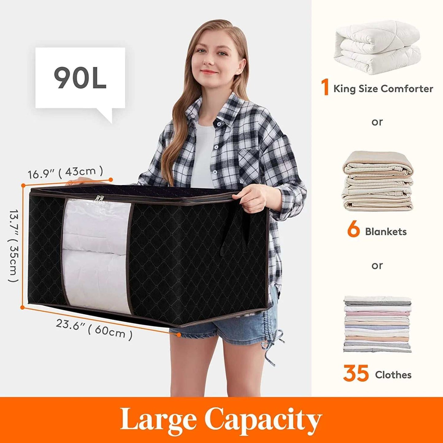 90L Large Storage Bags, 6 Pack Closet Organizers and Storage, Clothes Foldable Storage Black