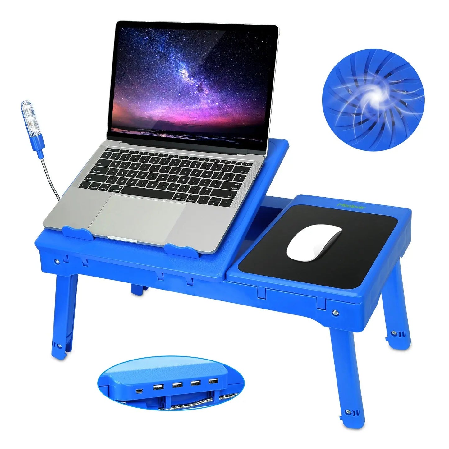 1Pc Foldable Laptop Table Bed Notebook Desk with Cooling Fan Mouse Board LED Light 4 USB Ports Breakfast Snacking Tray with Storage Groove for Home Office Use