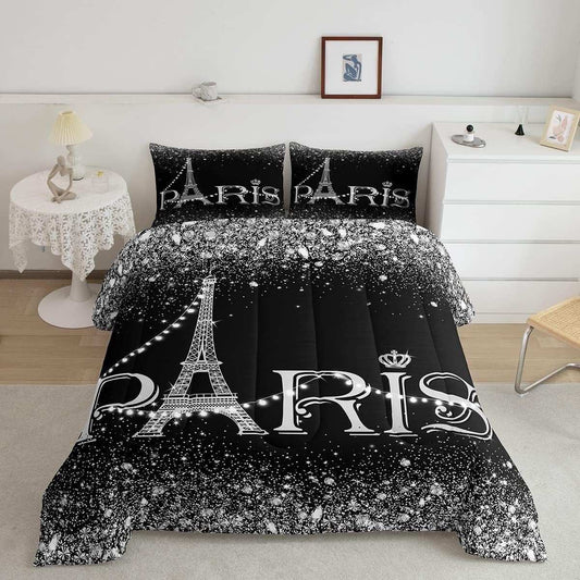 Black and white Eiffel Tower comforter set with Paris text and decorative pillows in a modern bedroom setting
