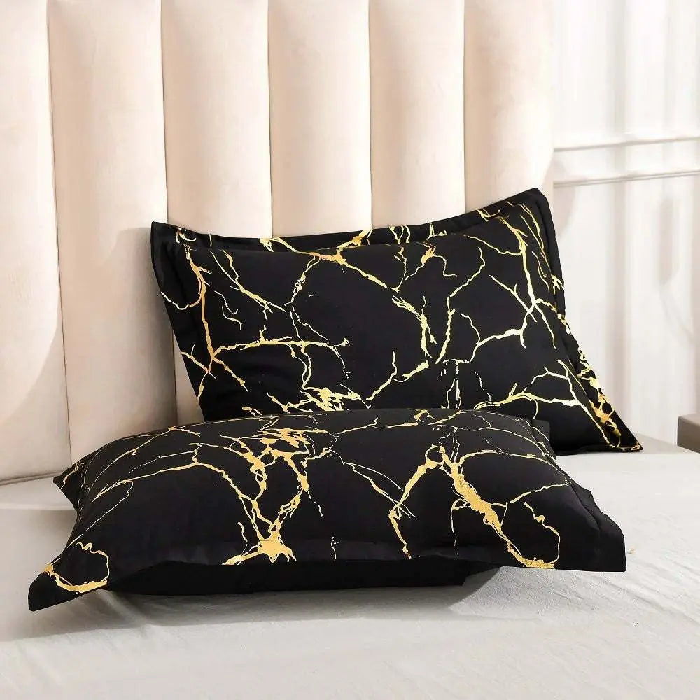 Satin Bedding Set Black Satin Duvet Cover Set 3 Pcs Black Gold Metallic Marble Pattern Luxurious Bedding Set King Size