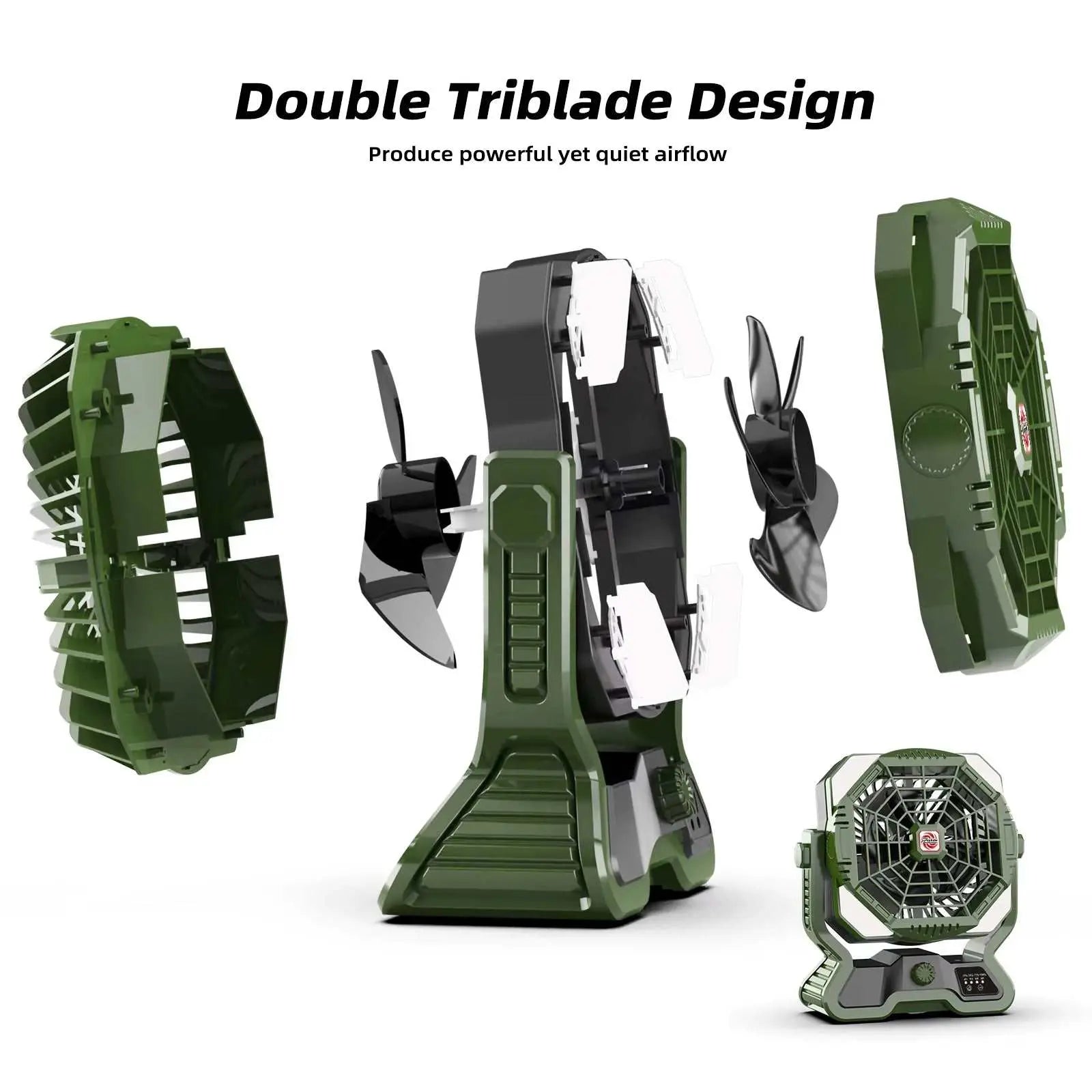 Portable camping fan with double triblade design and powerful yet quiet airflow in green color.