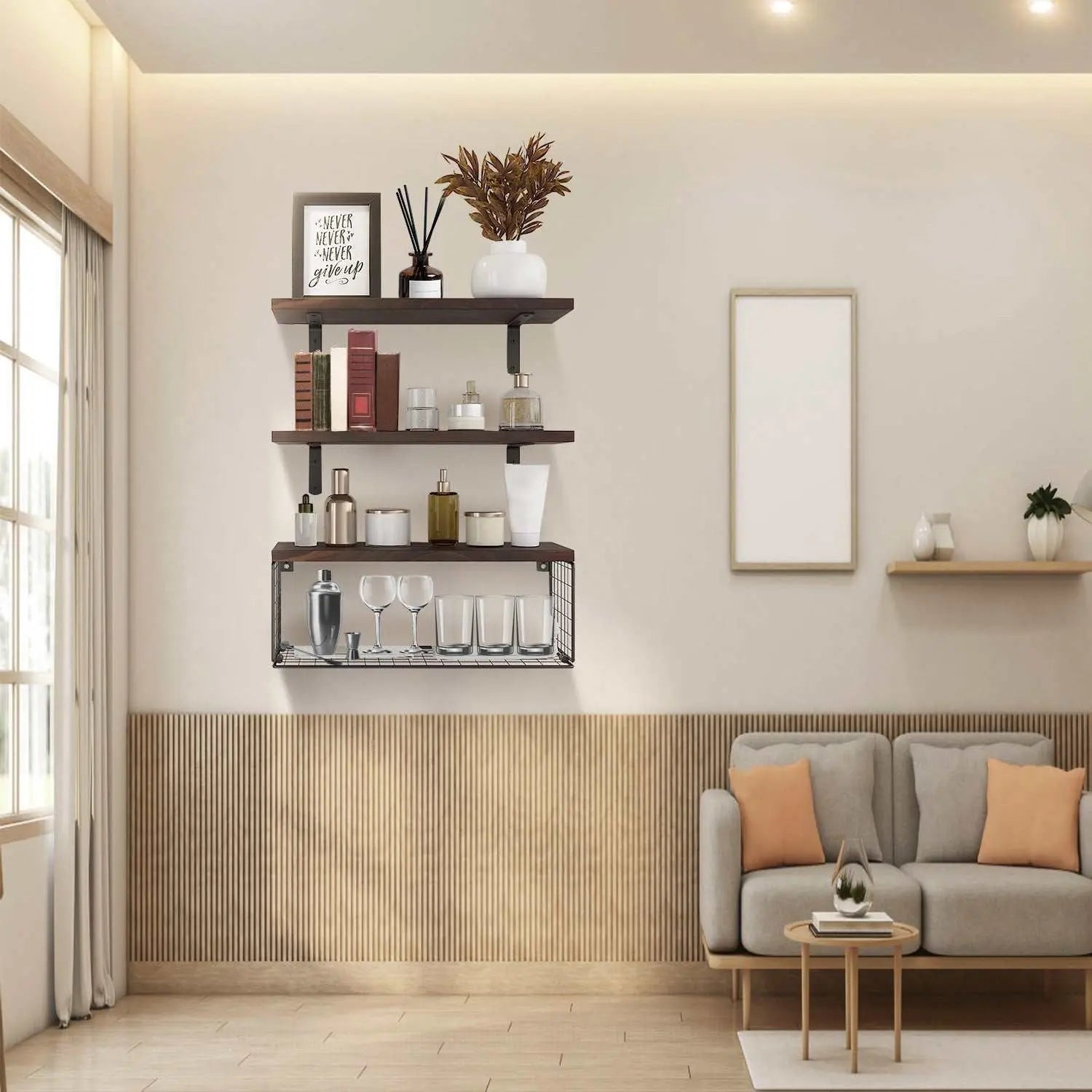 Wall-mounted floating shelves with storage basket in rustic brown paulownia wood holding books, decor, and glassware in modern living room.