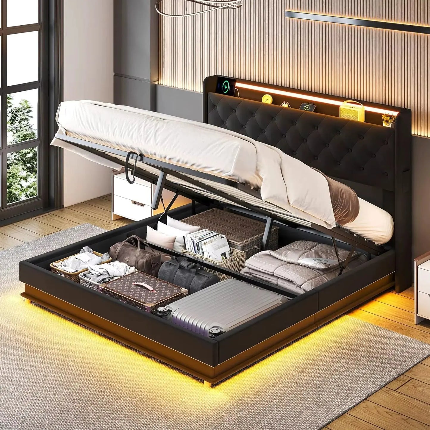Lift up Storage Bed Frame Queen Size with Charging Station & Led Lights,Upholstered Platform Bed with Wingback Storage Headboard