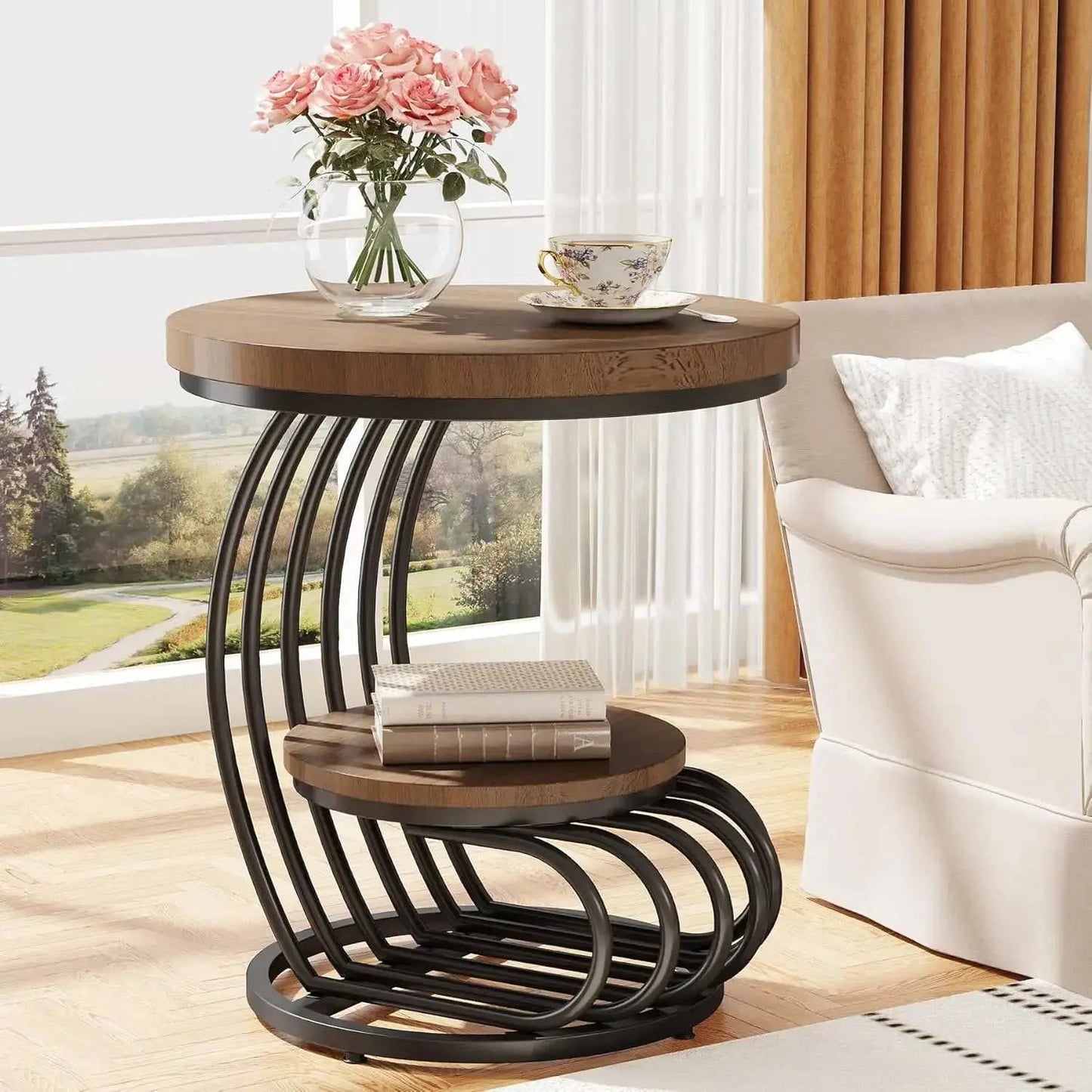 Round End Side Table: Side Table with 2 Tiers Storage Shelves, Small Bedside Table Accent Table with Arc-Shaped Frame