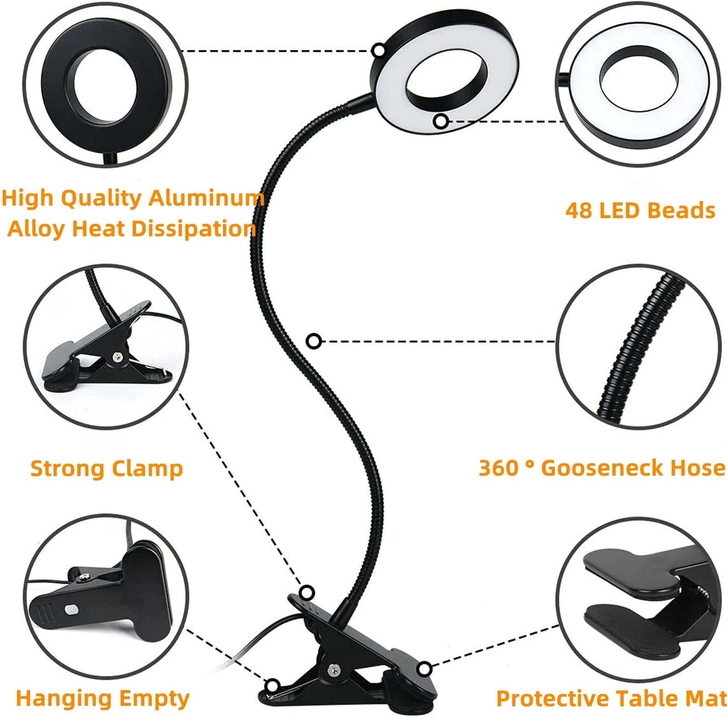 Clip on Light Reading Lights , 48 LED USB Desk Lamp with 3 Color Modes 10 Brightness, Flexible USB Clamp Bedside Lamp, Eye Caring Book Light for Studying/Working/Gaming (Black)