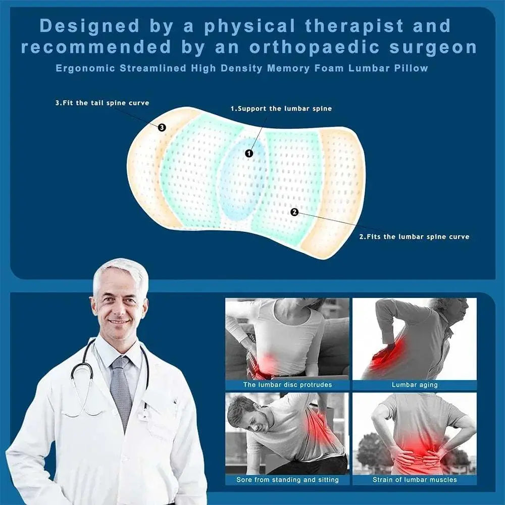 Memory foam lumbar support pillow with ergonomic design shown with physical therapist and back pain relief illustrations.