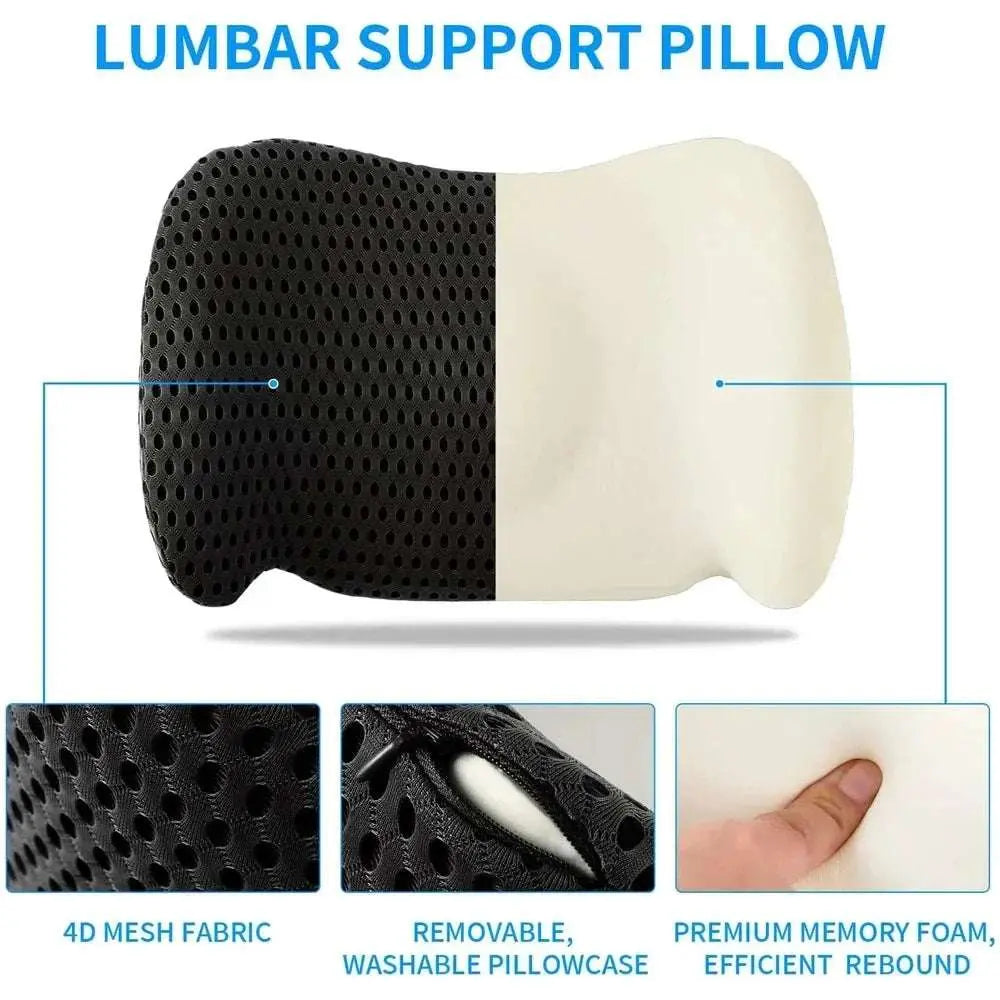 Memory Foam Lumbar Support pillow with ergonomic design, 4D mesh fabric, removable washable cover, and premium rebound memory foam for office chair and car seat back pain relief.