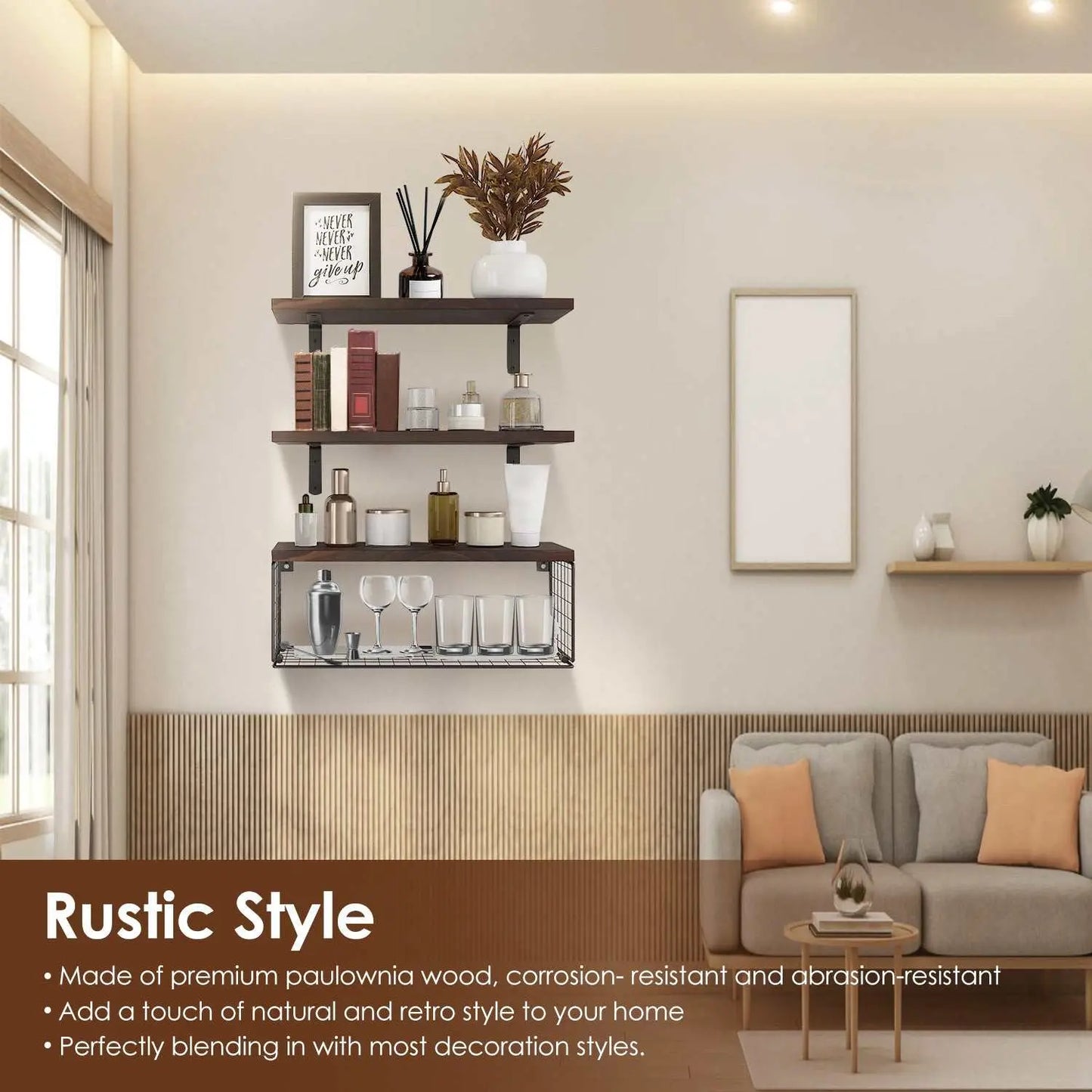 Rustic floating shelves with storage basket wall mounted in living room decor