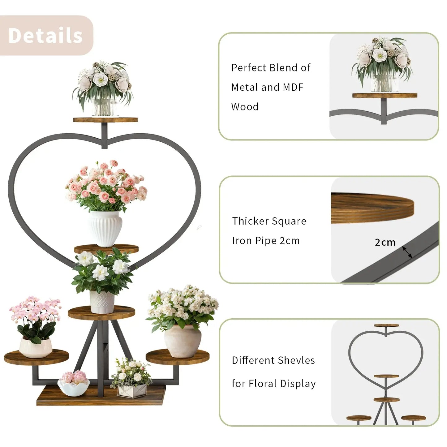 Multi-Layer Flower Display Rack Heart-Shape Plant Stand Shelf for Living Room Balcony