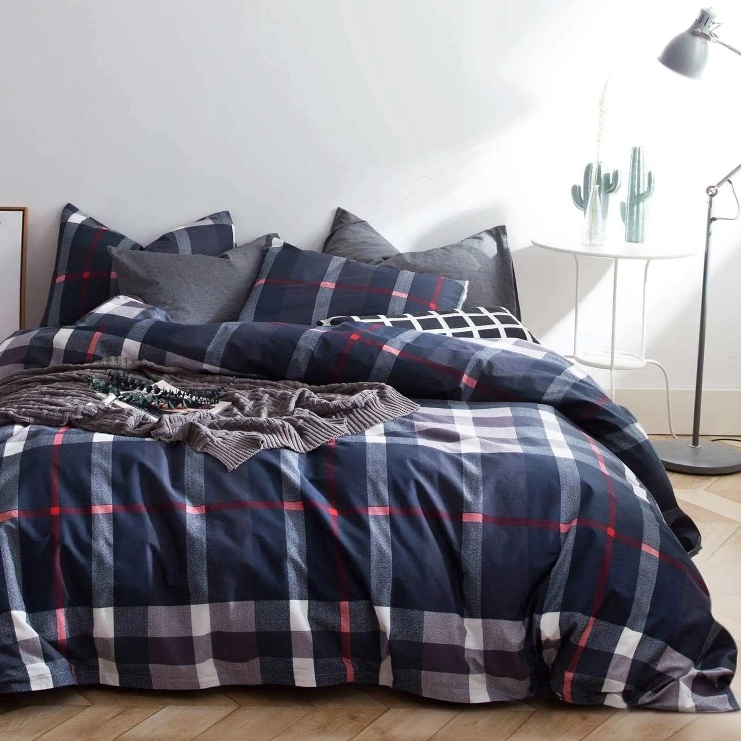 Jumeey Plaid Duvet Cover Queen Size Navy Blue Grid Bedding Set Buffalo Plaid Bedding Teens Boys Dark Color Gingham Grid Tartan Bedding Set Men Check Duvet Cover Full