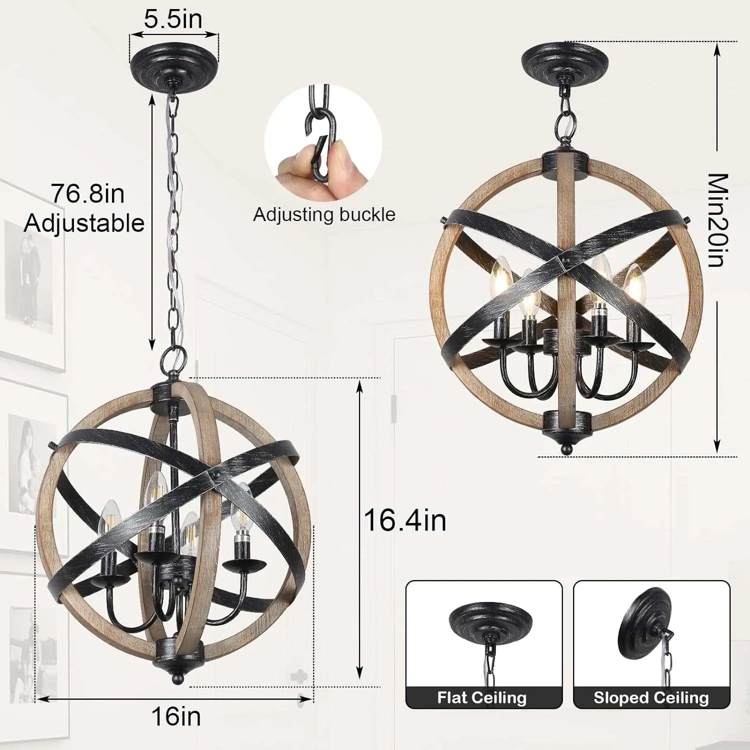 Farmhouse chandelier lamps with adjustable height, rustic wood and metal spherical design, suitable for flat or sloped ceilings.