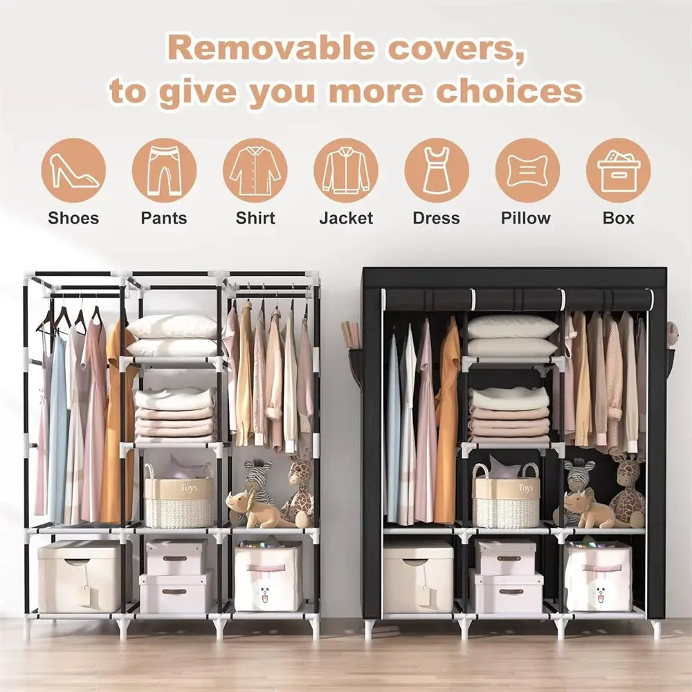 Portable Closet Large Wardrobe Closet Clothes Organizer with 6 Storage Shelves, 2 Hanging Sections 4 Side Pockets