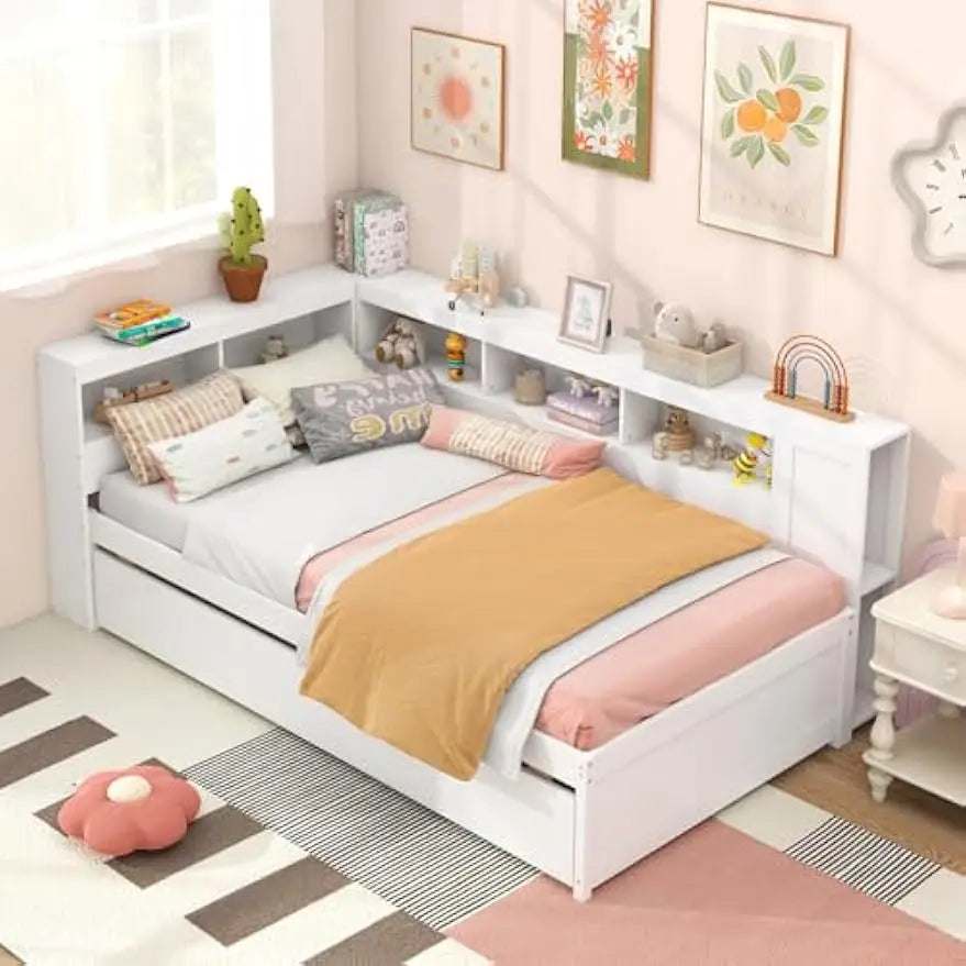 Twin Daybed with Trundle, Wood Twin Bed Frames with Storage Headboard, Reversible Bookcase, Bedside Shelves & Wooden Slats,