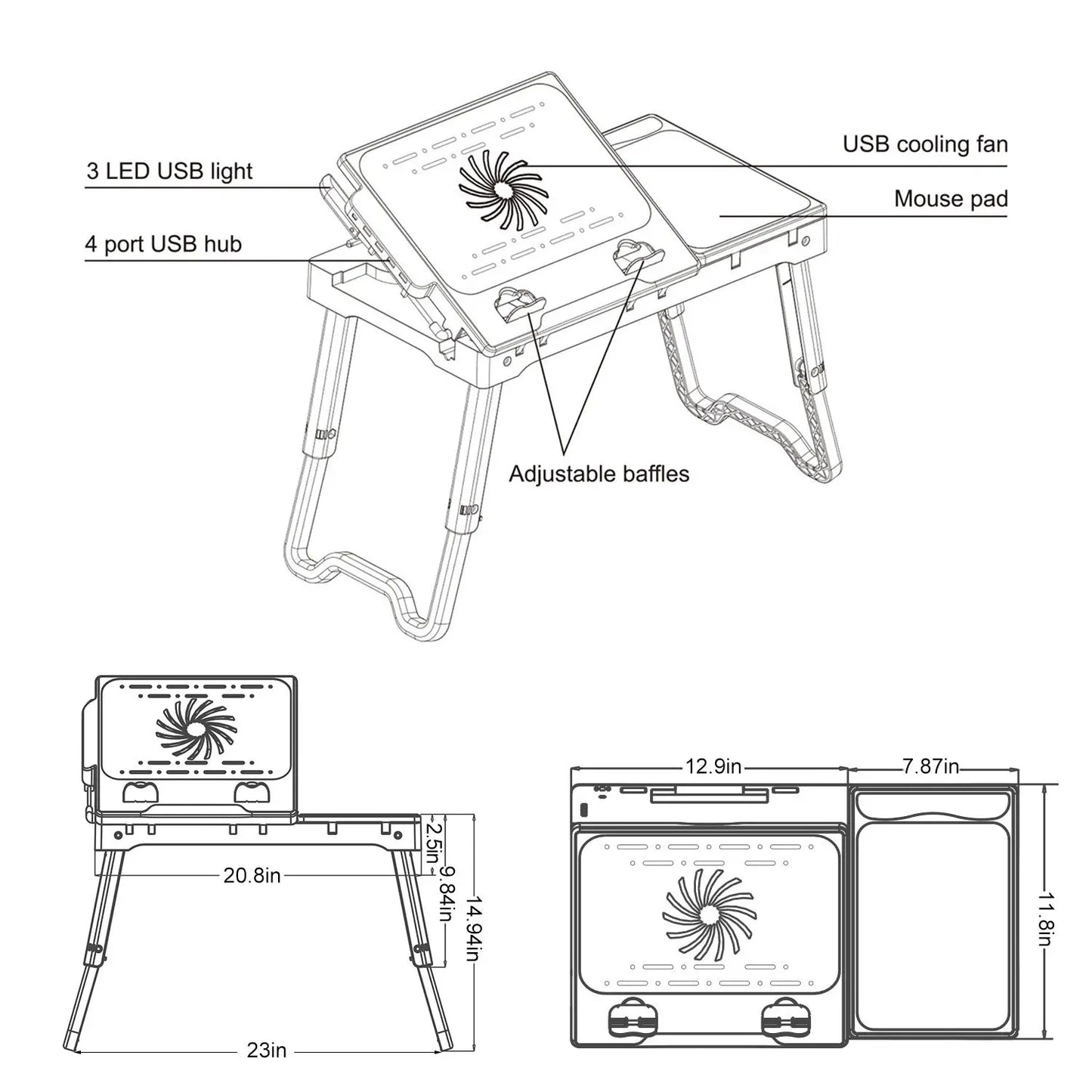 1Pc Foldable Laptop Table Bed Notebook Desk with Cooling Fan Mouse Board LED Light 4 USB Ports Breakfast Snacking Tray with Storage Groove for Home Office Use