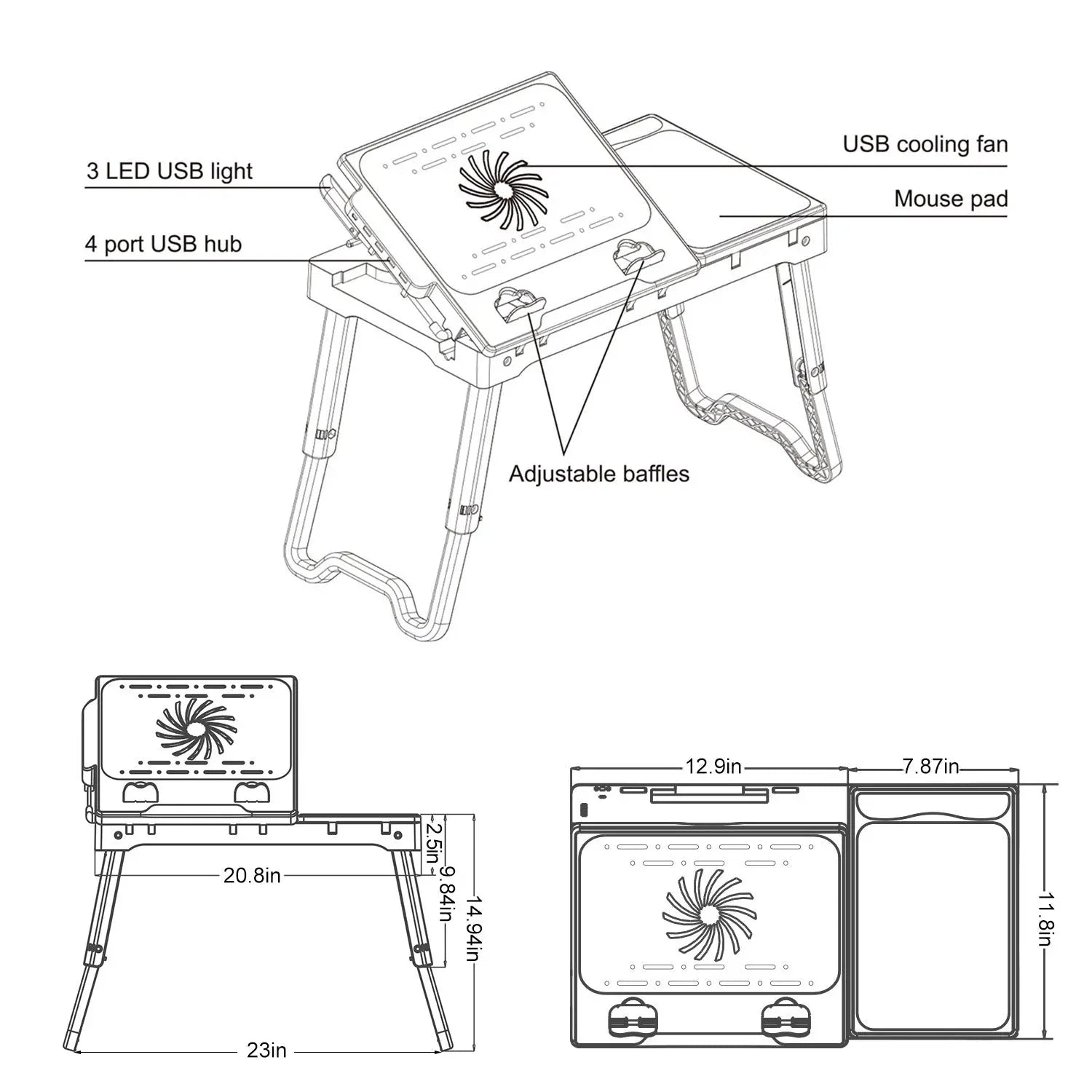 1Pc Foldable Laptop Table Bed Notebook Desk with Cooling Fan Mouse Board LED Light 4 USB Ports Breakfast Snacking Tray with Storage Groove for Home Office Use