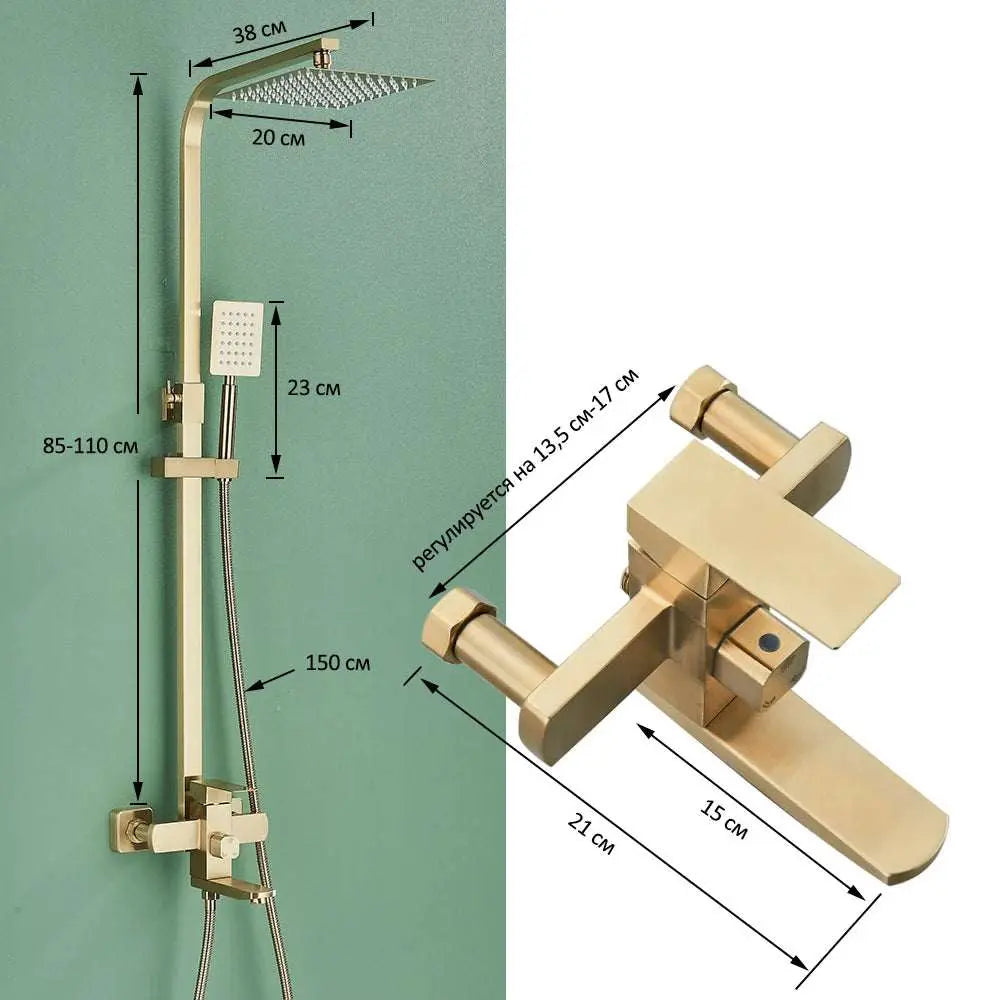 Gold brushed 3-in-1 shower system with rain showerhead, handheld spray, and swivel spout faucet for bathroom and bathtub