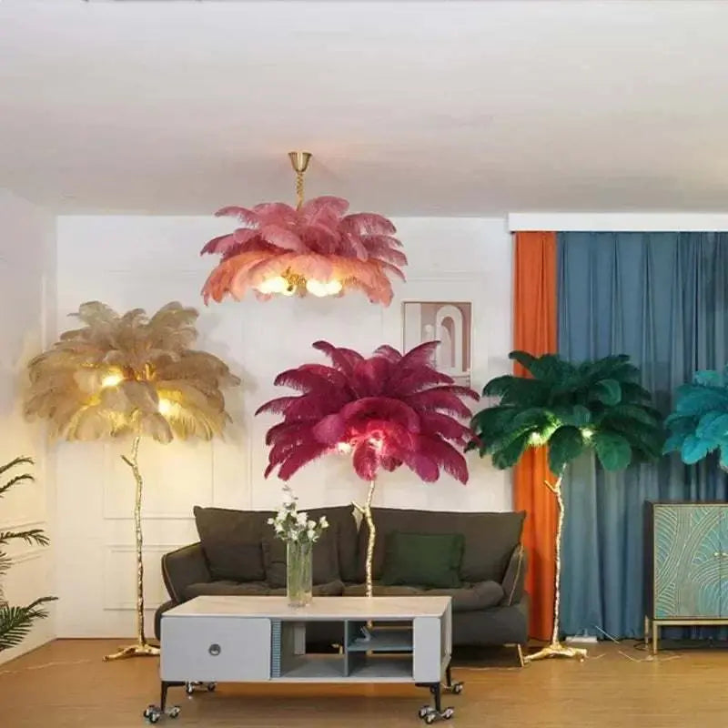 Set of Nordic LED floor lamps with ostrich feather shades in khaki, pink, red, green, and blue colors, featuring decorative copper stands, placed in a modern living room.