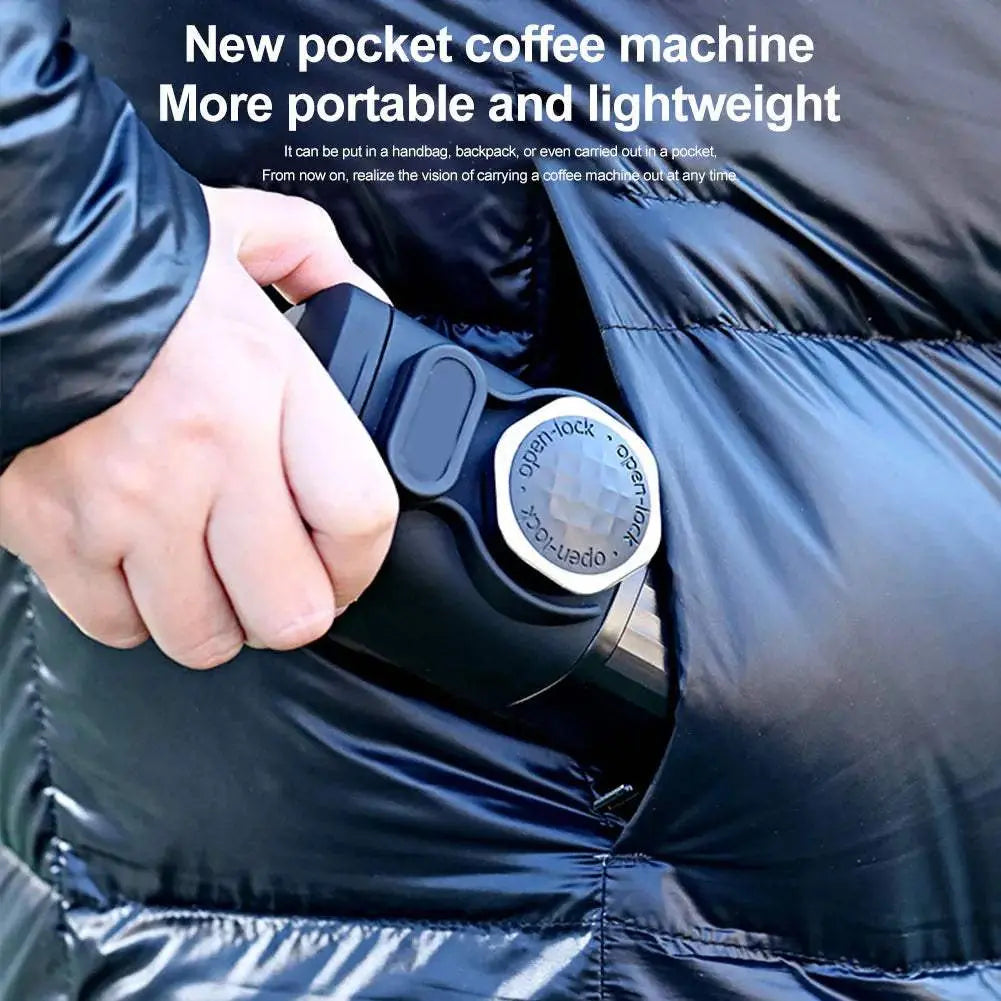 Compact portable espresso maker being placed into a jacket pocket demonstrating its lightweight and travel-friendly design