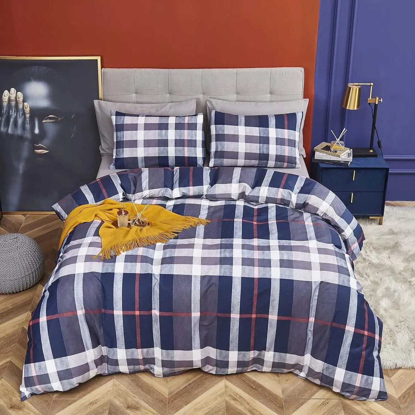 Navy Blue Plaid Queen Duvet Cover Set 3Pcs Tartan Bedding Sets Geometric Bedding Duvet Cover Sets Checker Buffalo Bedding with 2 X Pillow Cases