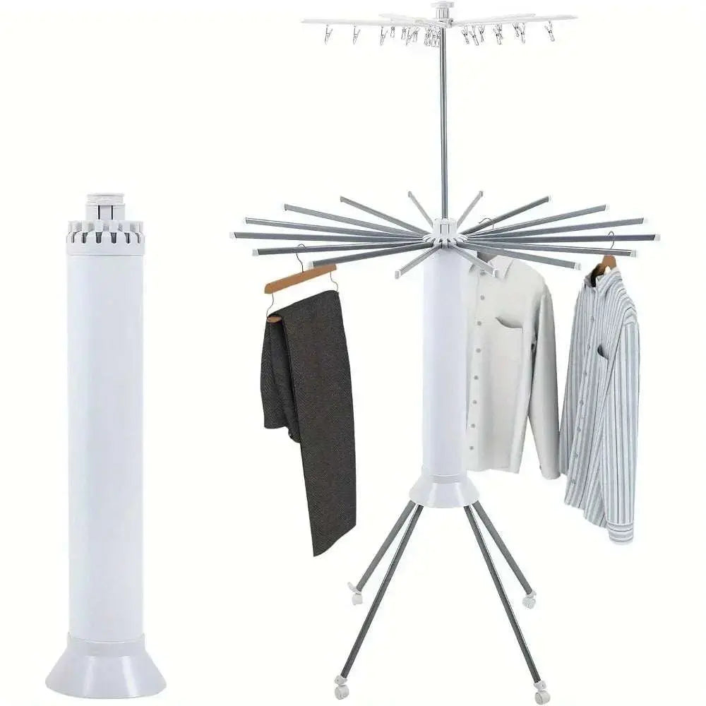 Four-legged foldable clothes drying rack with two tiers and multiple arms for indoor and outdoor use, space-saving design with wheels for easy mobility