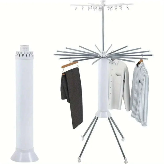 Four-legged foldable clothes drying rack with two tiers and multiple arms for indoor and outdoor use, space-saving design with wheels for easy mobility
