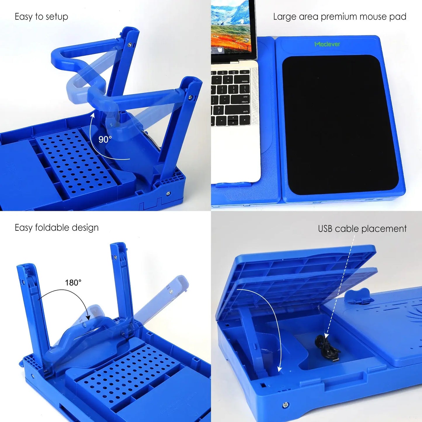 1Pc Foldable Laptop Table Bed Notebook Desk with Cooling Fan Mouse Board LED Light 4 USB Ports Breakfast Snacking Tray with Storage Groove for Home Office Use