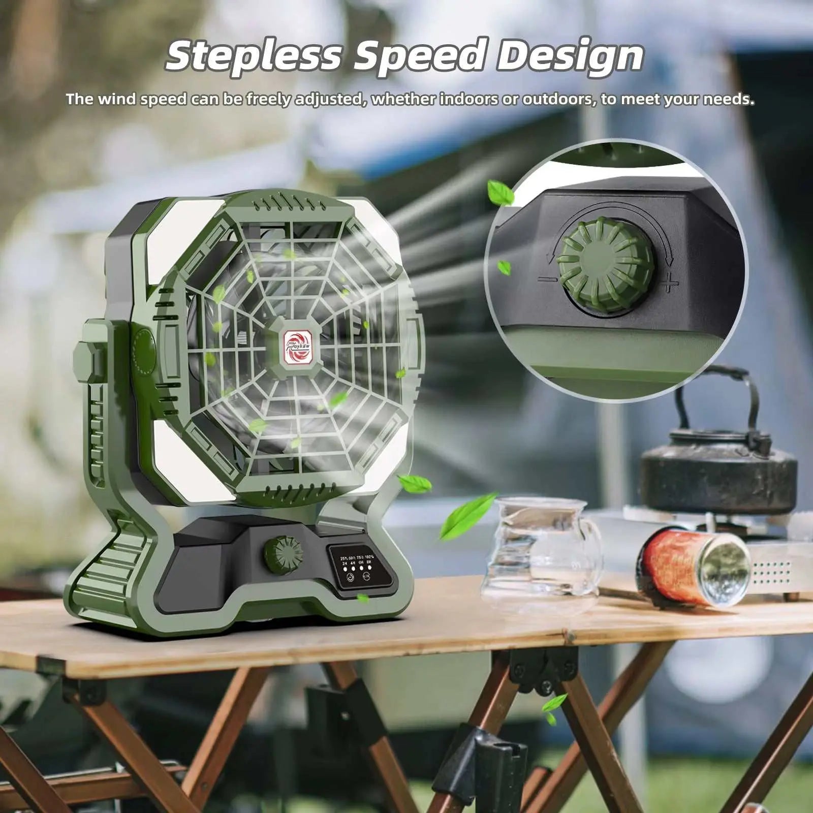 Portable green cordless camping fan with stepless speed control and dual blades on wooden outdoor table