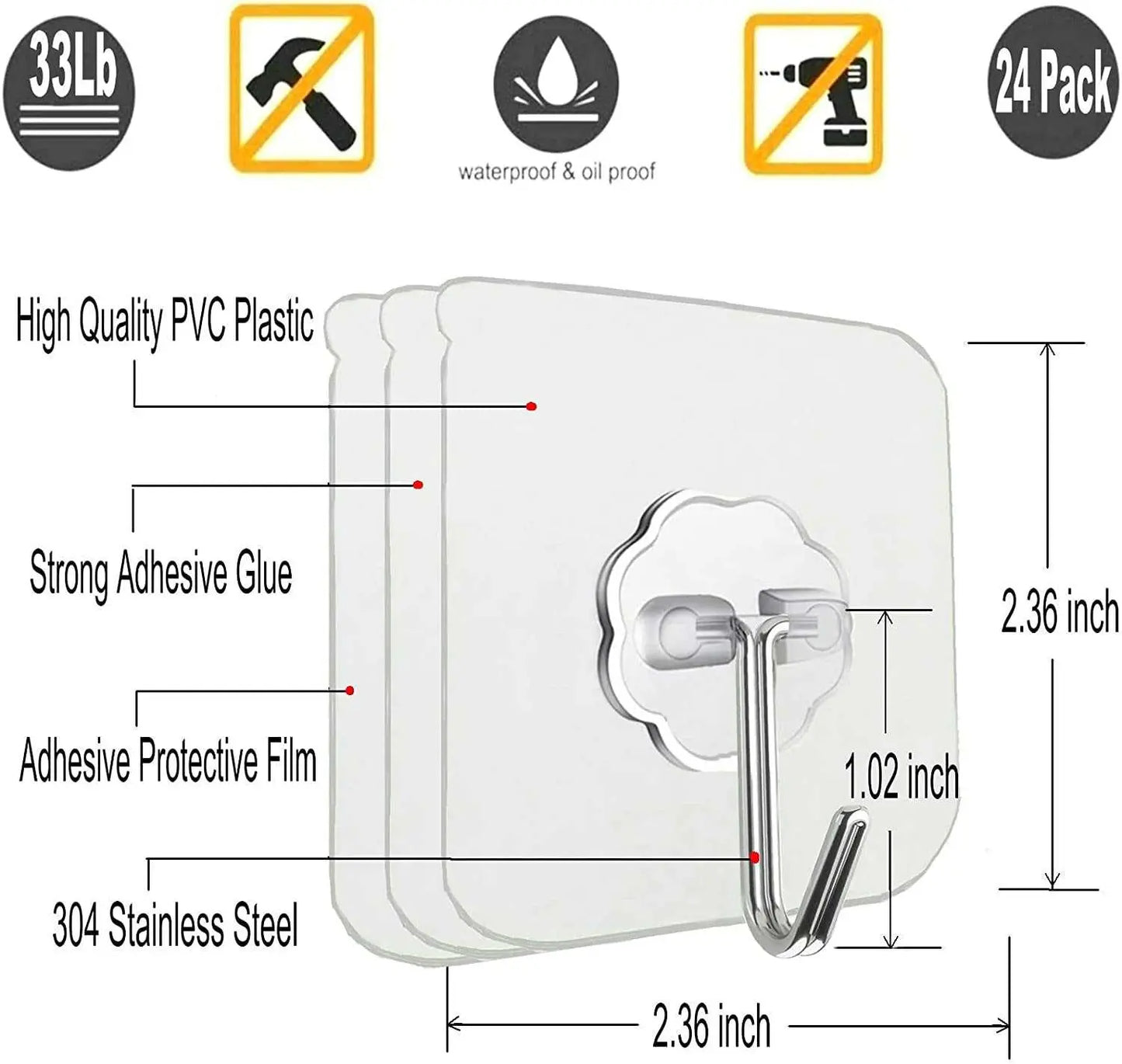 24 Pack Heavy Duty Self Adhesive Hooks - 33Lb Max, Transparent, Waterproof, Sticky Wall Hooks for Keys, Bathroom, Shower, Outdoor, Kitchen, Door, Home Improvement, Utility