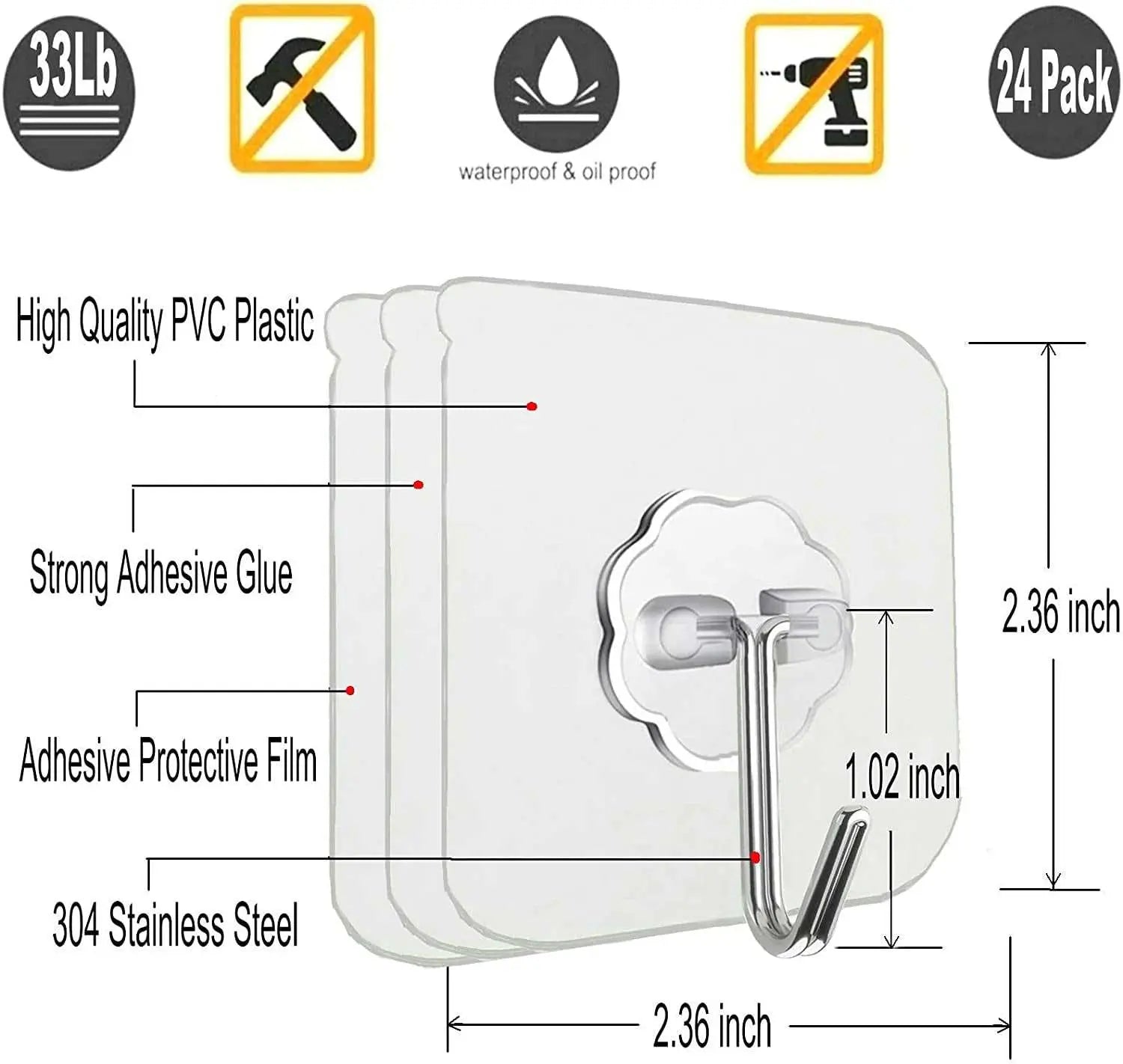 24 Pack Heavy Duty Self Adhesive Hooks - 33Lb Max, Transparent, Waterproof, Sticky Wall Hooks for Keys, Bathroom, Shower, Outdoor, Kitchen, Door, Home Improvement, Utility