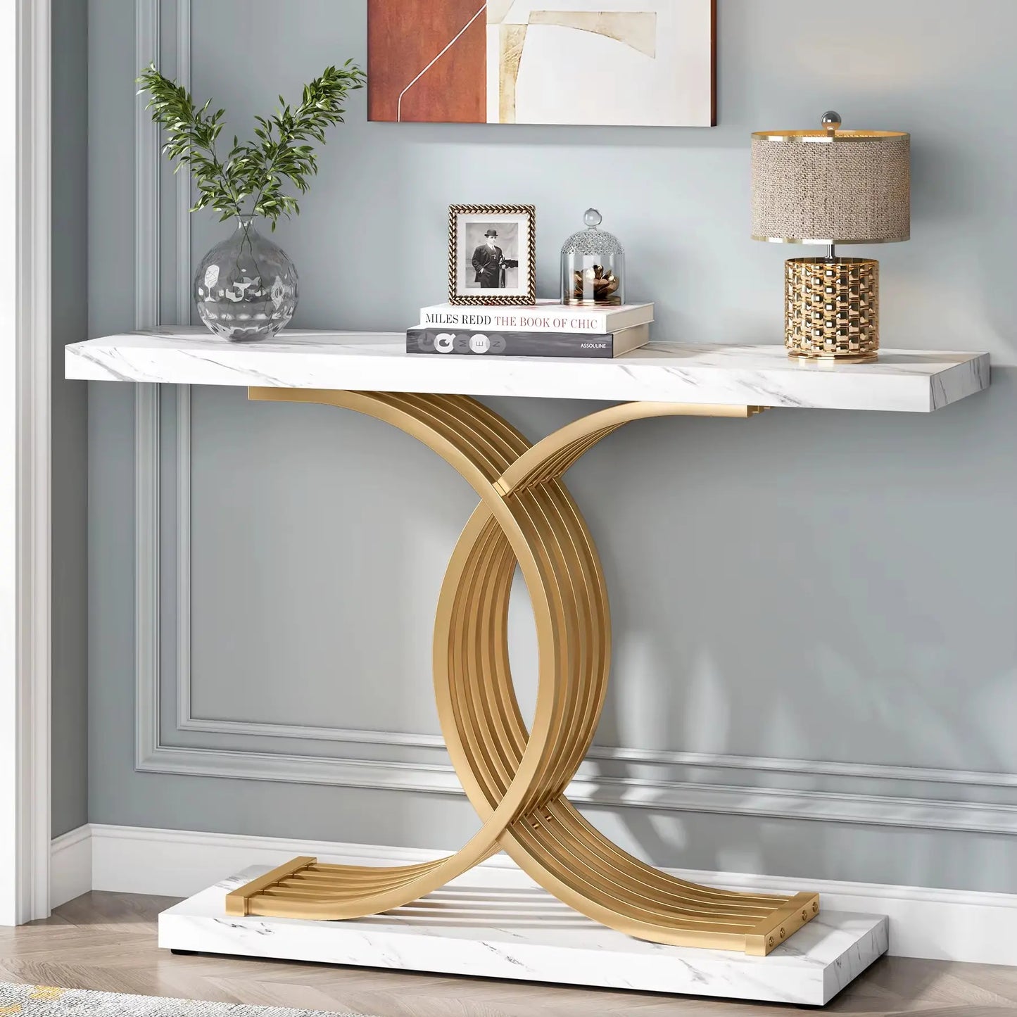 Gold Entryway Table, Modern 39-Inch Console Faux Marble Narrow Wood Sofa with Geometric Metal Legs