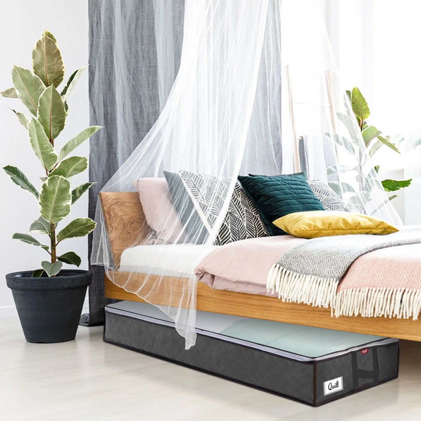 2 Pcs 80L + 2 Pcs 67L Large Underbed Storage Bags Organizer Container with Clear Window, Large Capacity Visible Underbed Storage Organizers for Comforters, Gray
