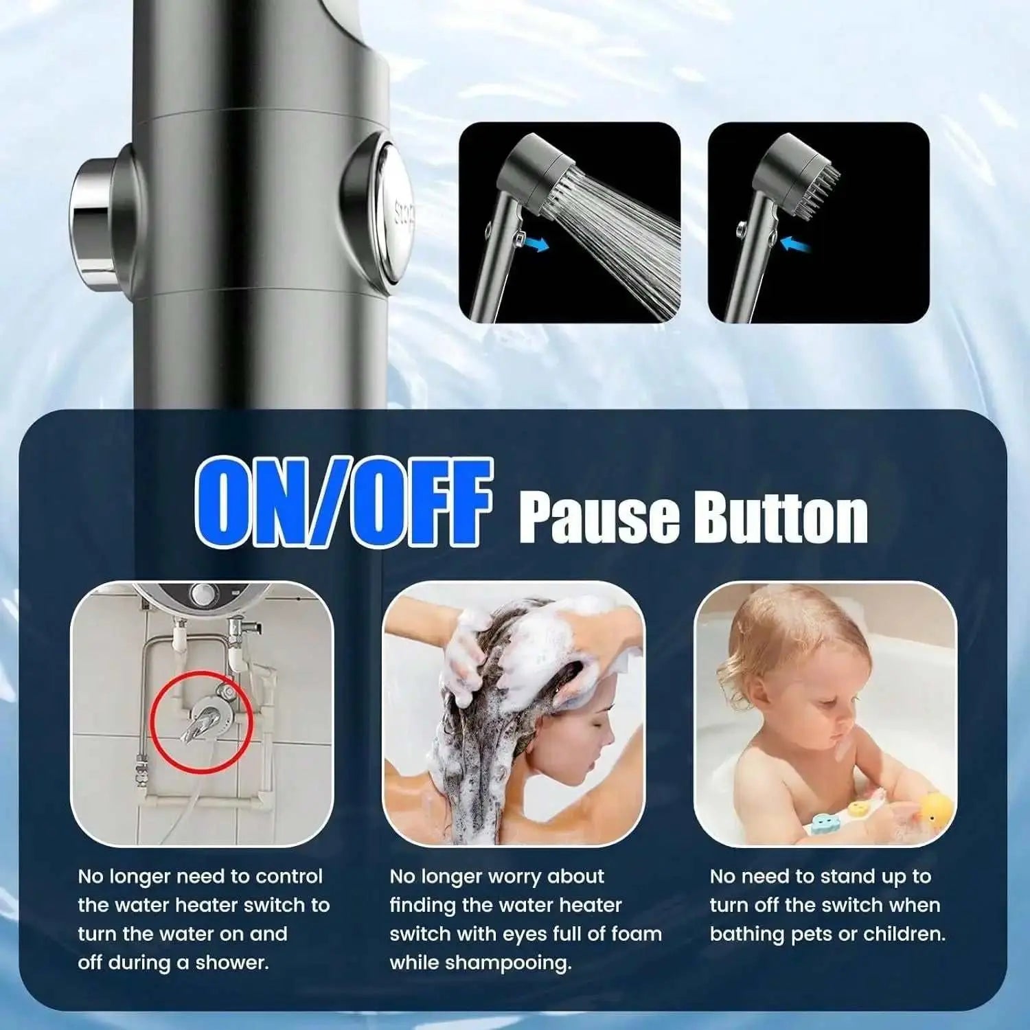 High pressure handheld shower head with 3 spray modes, filtered water feature, and convenient one-touch on/off pause button for easy control and water-saving.