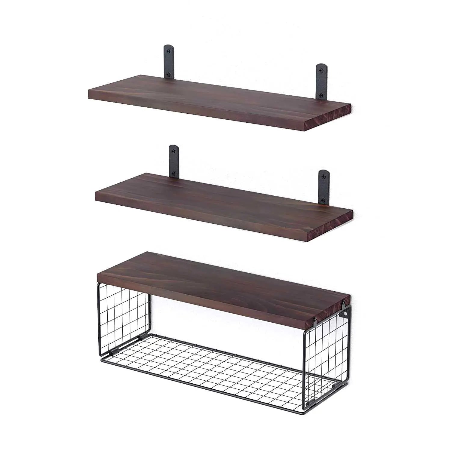 Floating shelves with storage basket set, rustic brown wood and black metal wall-mounted decor