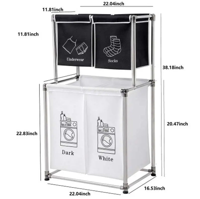 Laundry hamper 2 tier sorter with four removable bags labeled underwear, socks, dark, and white clothes in black and white fabric with metal frame.