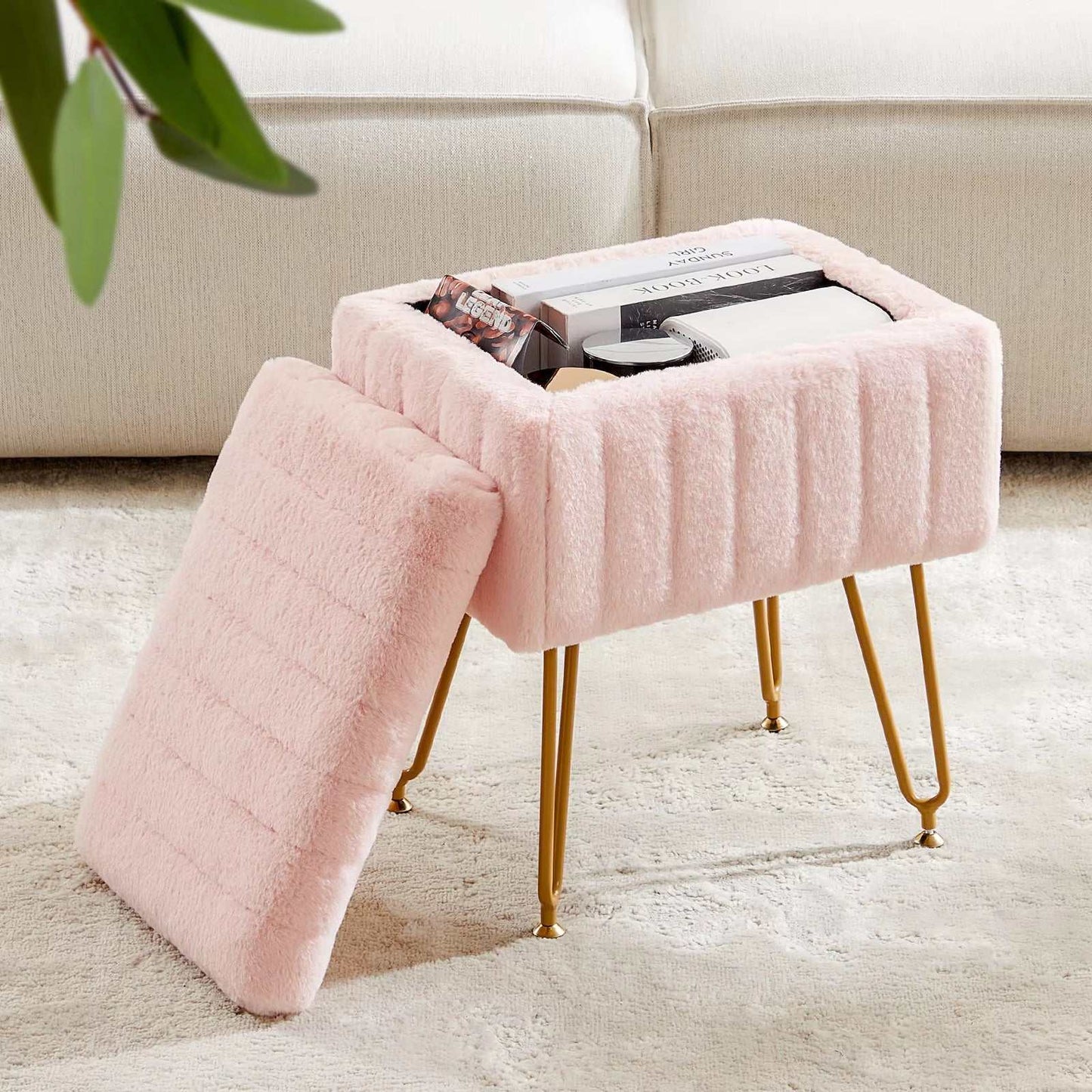 Pink faux fur living room storage stool with removable lid and gold metal legs