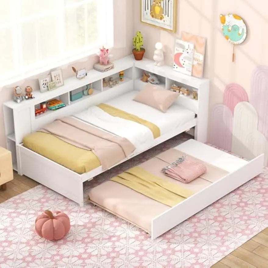 White twin daybed with pull-out trundle, reversible bookshelf headboard, and bedside storage shelves in a children's bedroom