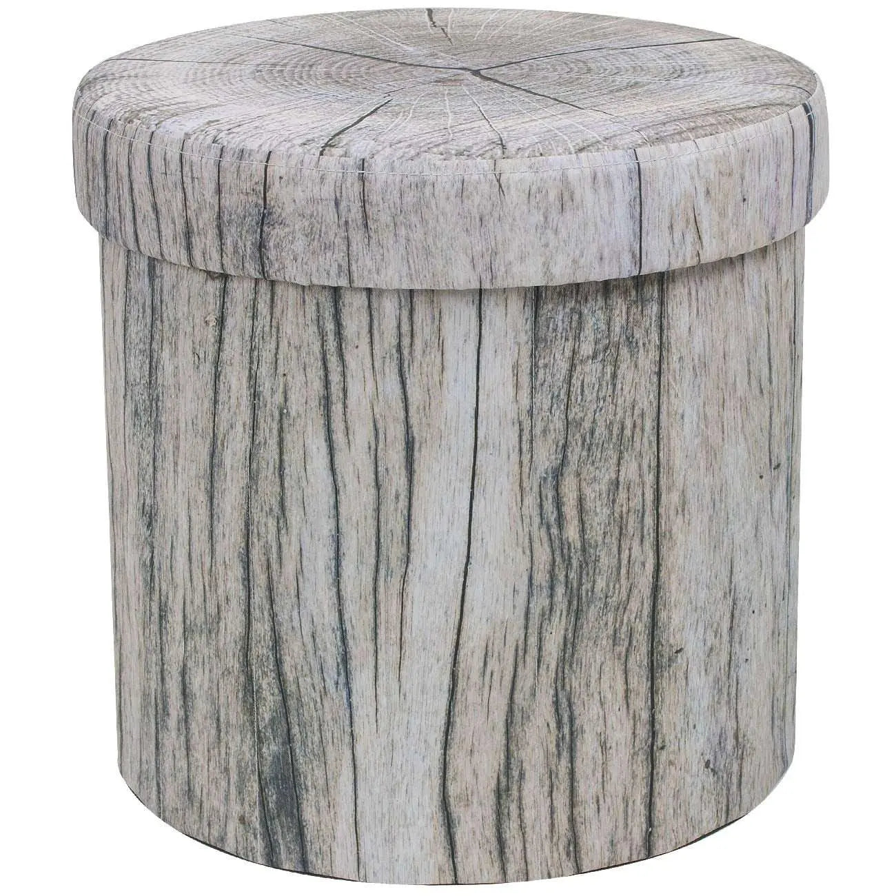 Foldable storage ottoman with tree stump design and lid for concealed storage and seating