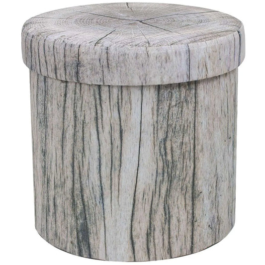 Foldable storage ottoman with tree stump design and lid for concealed storage and seating