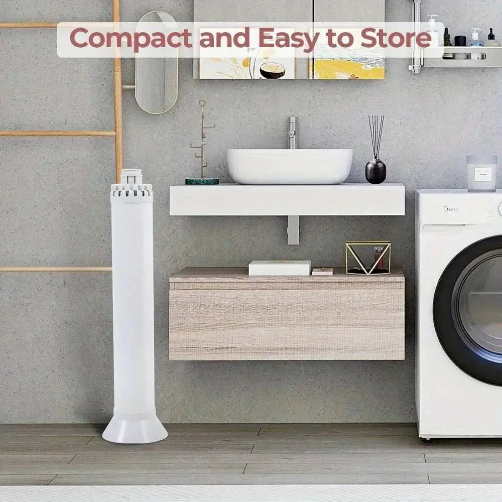 Compact four-legged clothes drying rack folded and stored in a modern laundry room corner