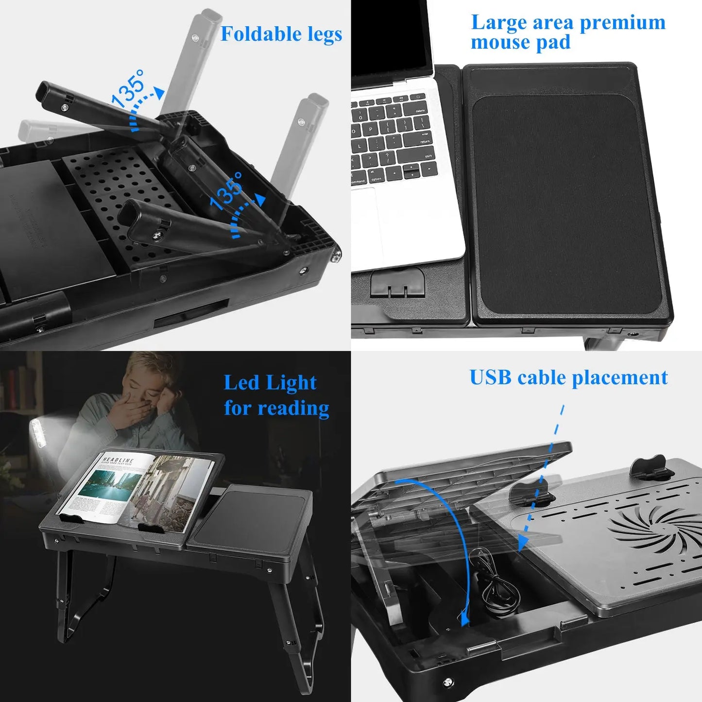 1Pc Foldable Laptop Table Bed Notebook Desk with Cooling Fan Mouse Board LED Light 4 USB Ports Breakfast Snacking Tray with Storage Groove for Home Office Use