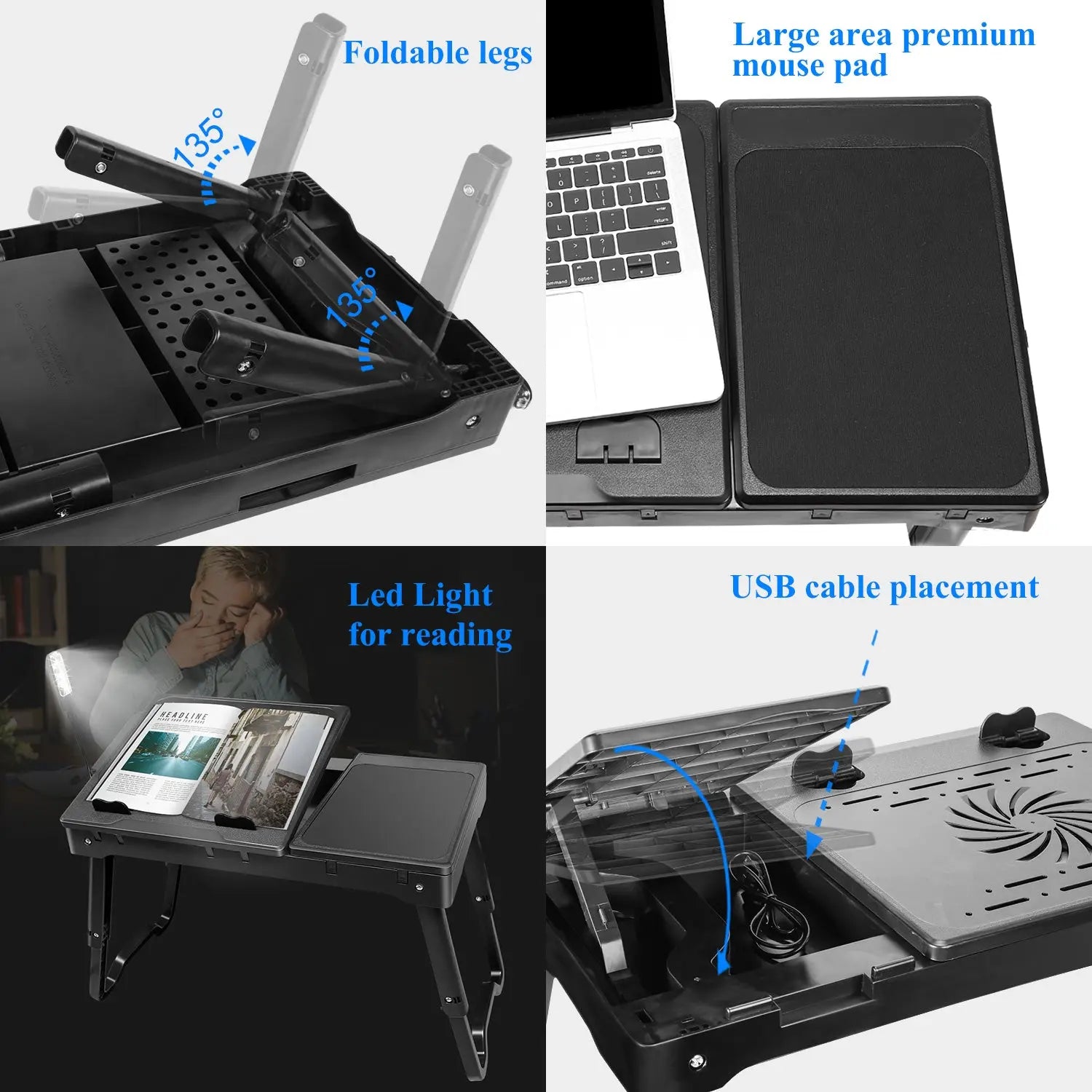 1Pc Foldable Laptop Table Bed Notebook Desk with Cooling Fan Mouse Board LED Light 4 USB Ports Breakfast Snacking Tray with Storage Groove for Home Office Use