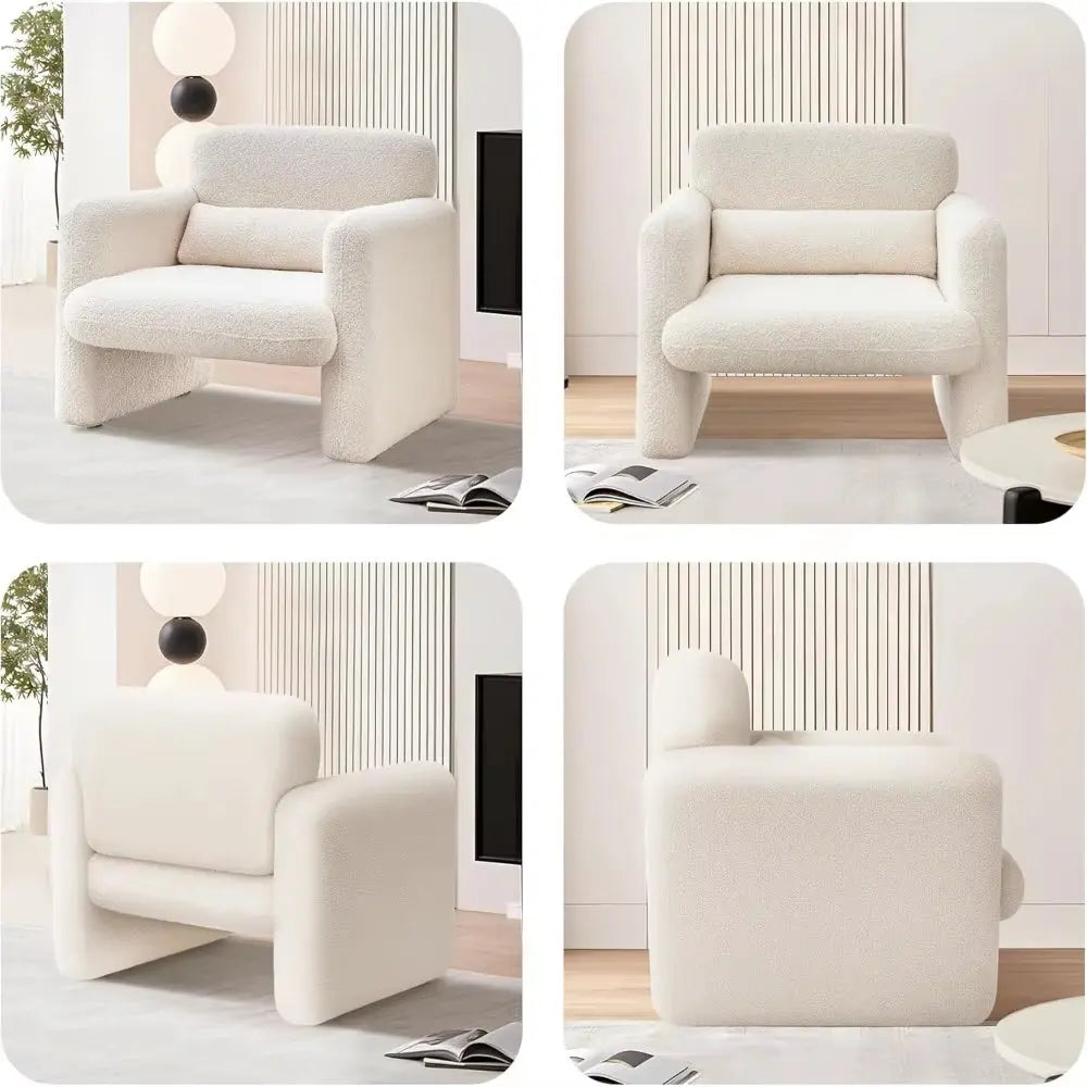 Modern Accent Single Sofa Chair with Arms, Lamb Fabric Upholstered Comfy Reading Arm Chair for Bedroom, Living Room-Beige